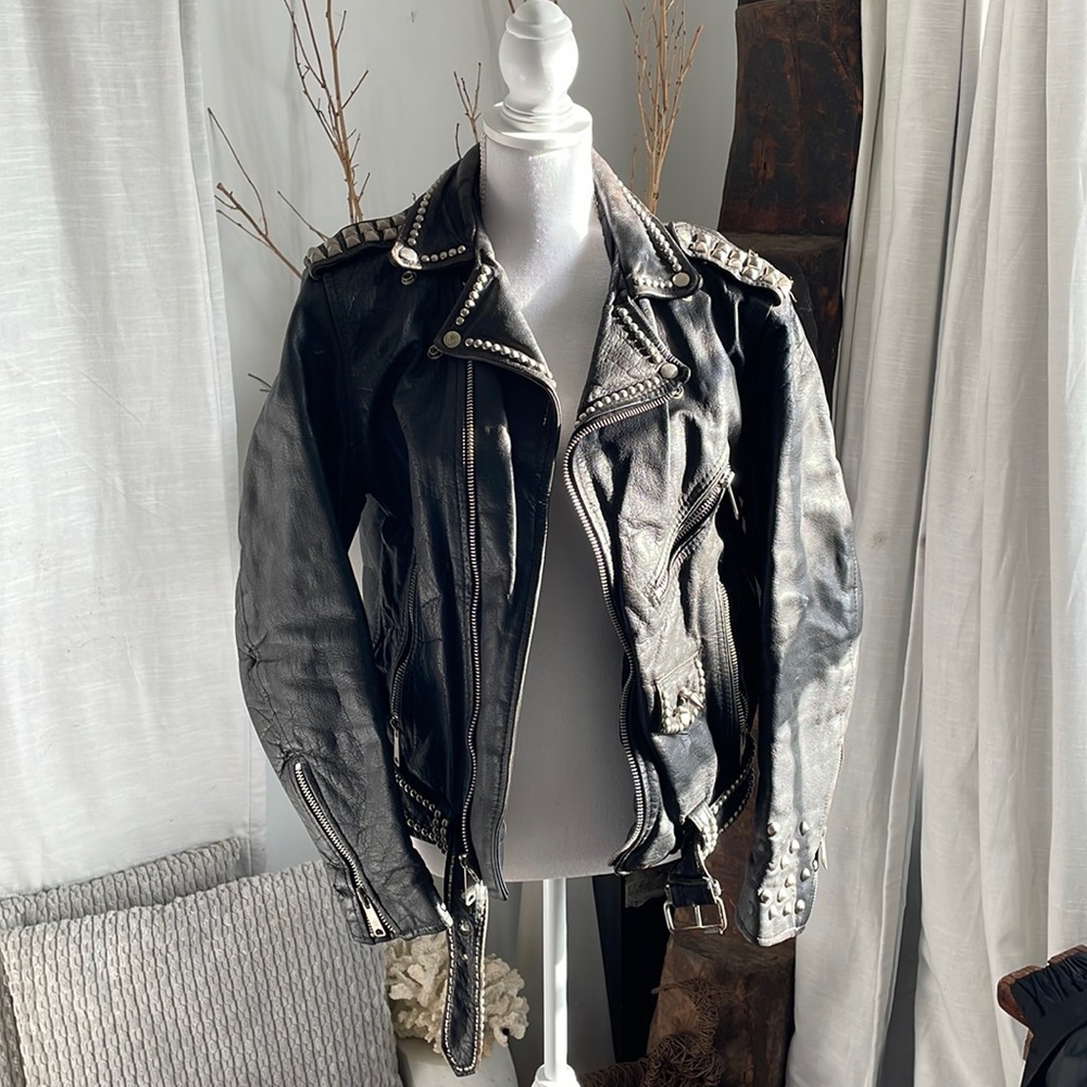 Vintage leather biker jacket heavy weight with studs